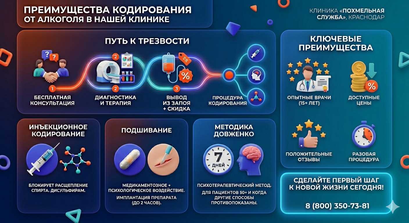 Инфографика о методах кодирования от алкоголя в Котовске: инъекции, подшивание, метод Довженко. Преимущества клиники и этапы лечения.