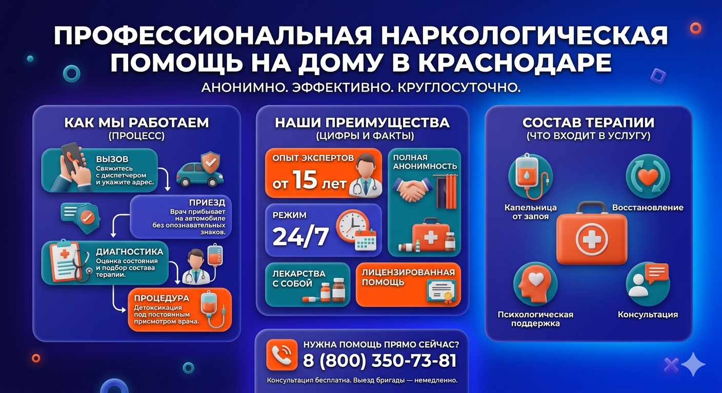 Инфографика о принципах лечения алкоголизма на дому в Котовске: этапы вызова нарколога, преимущества анонимной детоксикации и состав медицинской помощи.